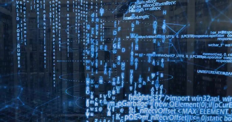 Glowing blue code cascading over server racks, revealing spirals and network grid in flat design