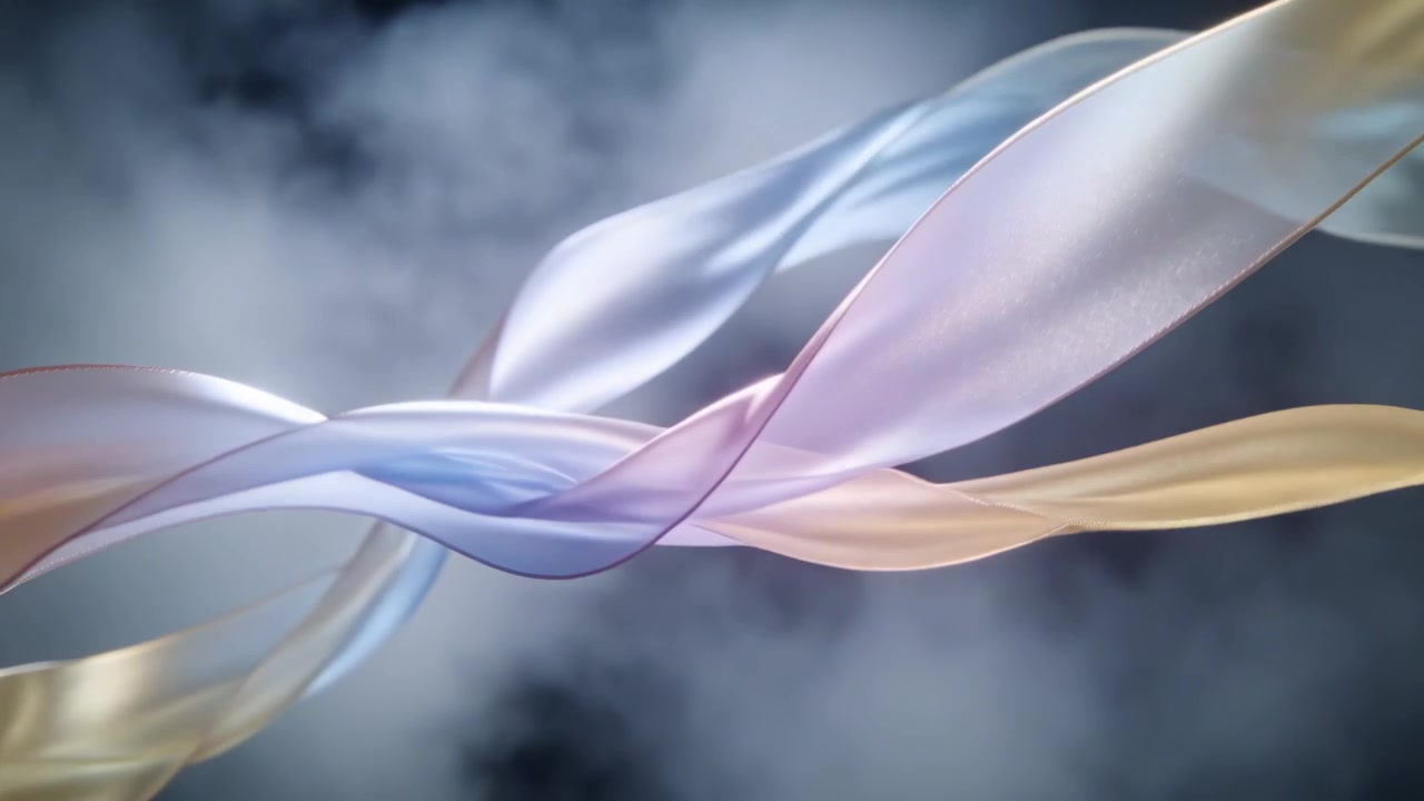 Rotating ribbons causing unraveling into braided bands in studio, revealing pastel sheen, smoke