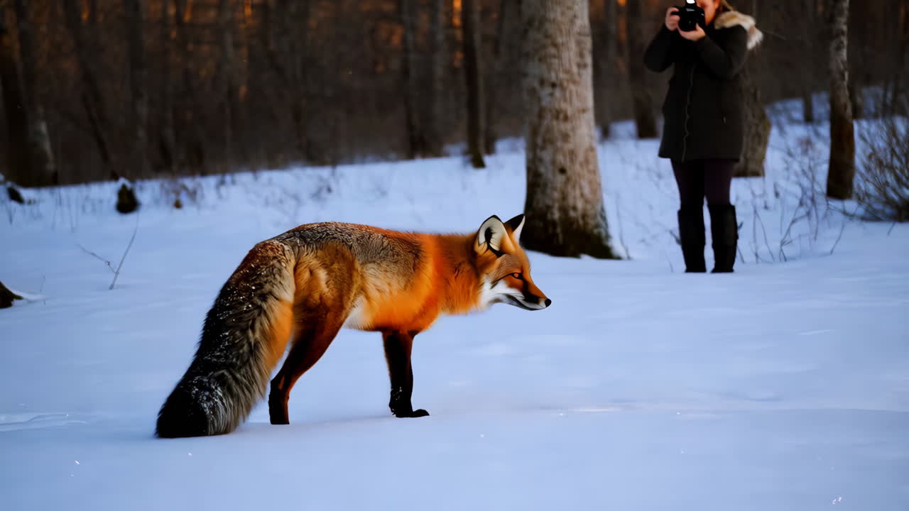 Red Fox in Snowy Forest with Photographer