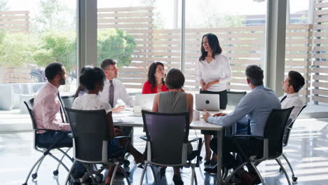 a middle aged businesswoman holds meeting in a modern office