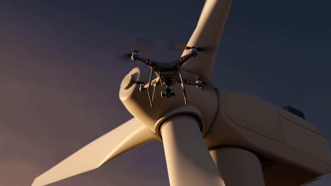 Pengambilan gambar sudut rendah jarak dekat drone quadcopter yang diposisikan tepat di depan hub turbin angin dan pangkal bilah dengan baling-baling berputar serta gimbal kamera yang terlihat