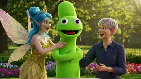 a whimsical encounter in a lush garden: a fairy, a cartoon character, and a woman share joyful moments in vibrant nature, capturing friendship and magic