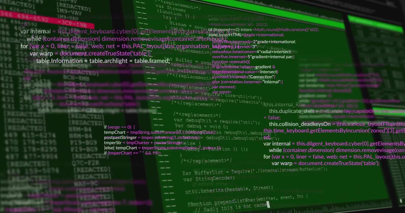 Black screen shifting into tilted monitor showing green code while camera panning marking functions