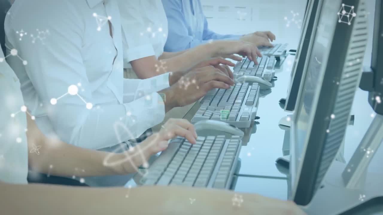 전화 헤드 ⁇ 을 착용 한 사업가 들 위 에 아이콘 을 가진 연결 네트워크 의 애니메이션