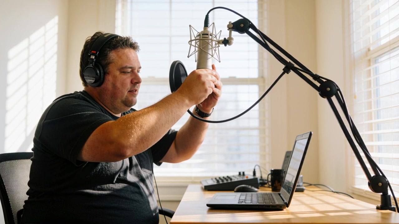 Homem ajustando fones de ouvido over-ear, camiseta escura preparando microfone condensador em casa perto do laptop para gravar