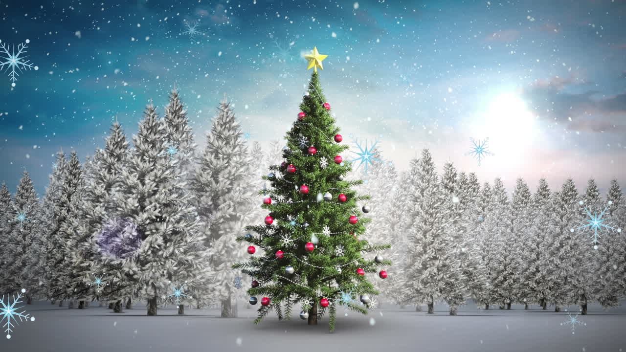 크리스마스 트리와 겨울 풍경 위에 내리는 눈의 애니메이션