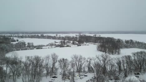 aerial establishing overview of snow covered fields behind row of leafless trees, grey cloudy sky