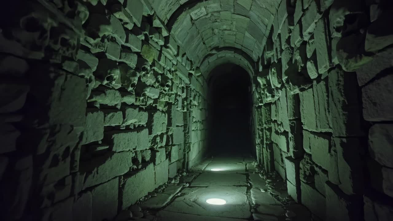 Dark, eerie tunnel illuminated by soft lights reveals ancient stone walls adorned with skulls, creating a haunting atmosphere of mystery and intrigue in a continuous motion sequence