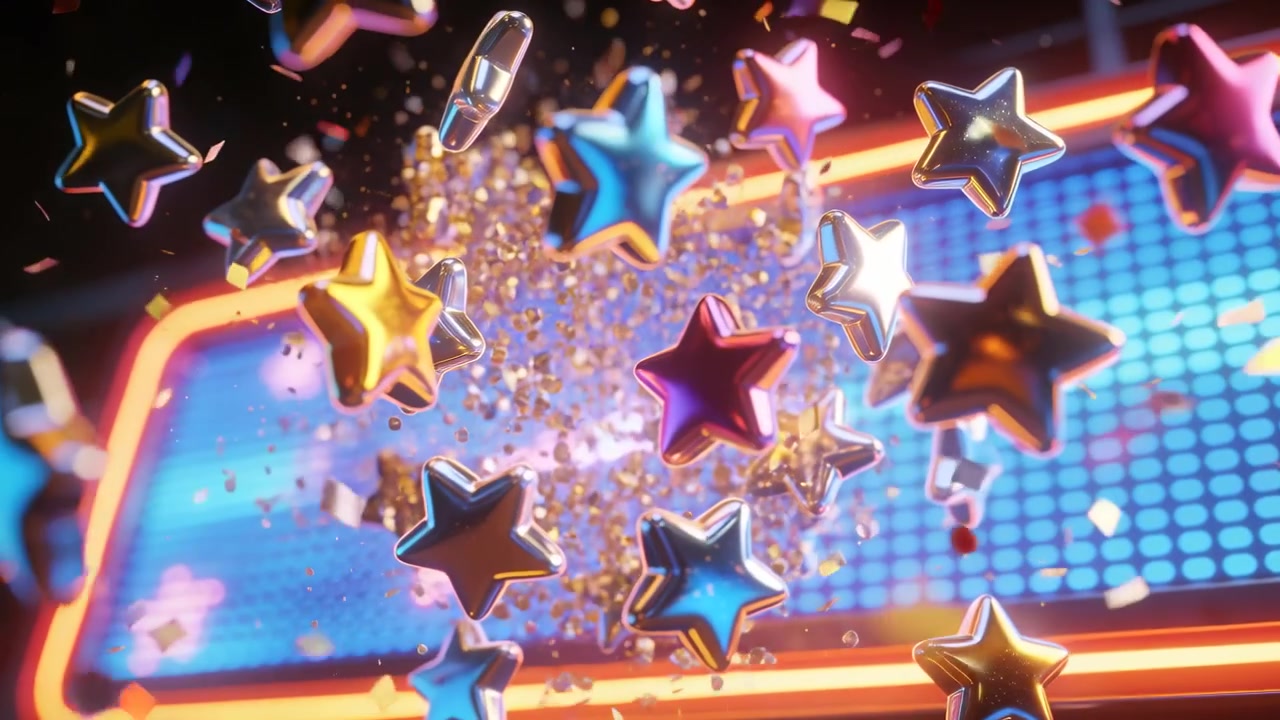 Esplosione di un denso ammasso di stelle metalliche, che si disperdono su un pannello al neon con coriandoli.