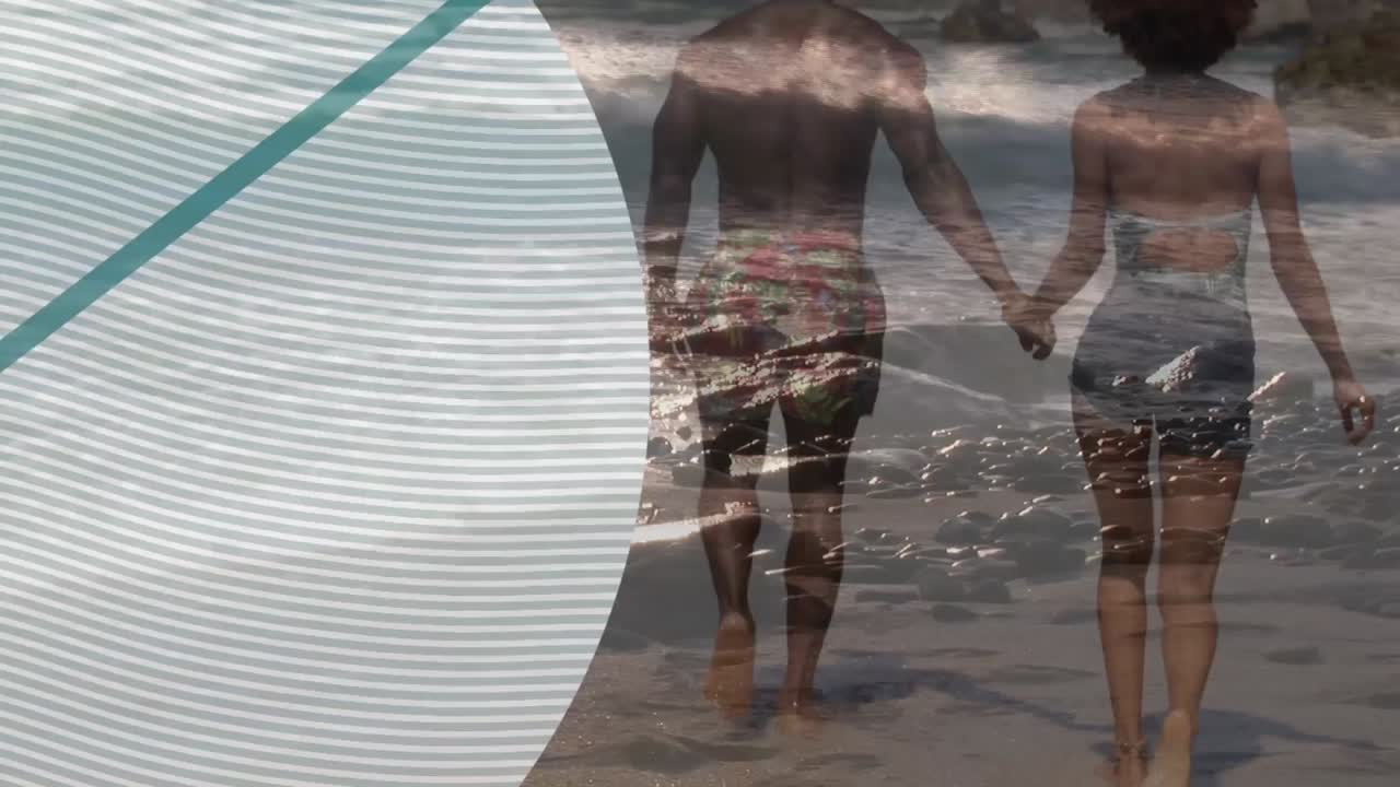 animación de una pareja afroamericana en la playa junto al mar sobre el círculo verde.