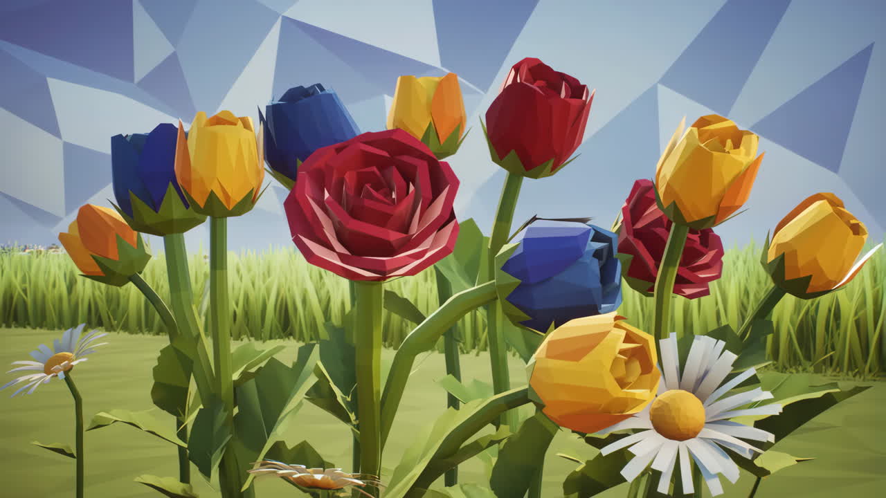 A vibrant low-poly field of colorful roses and daisies