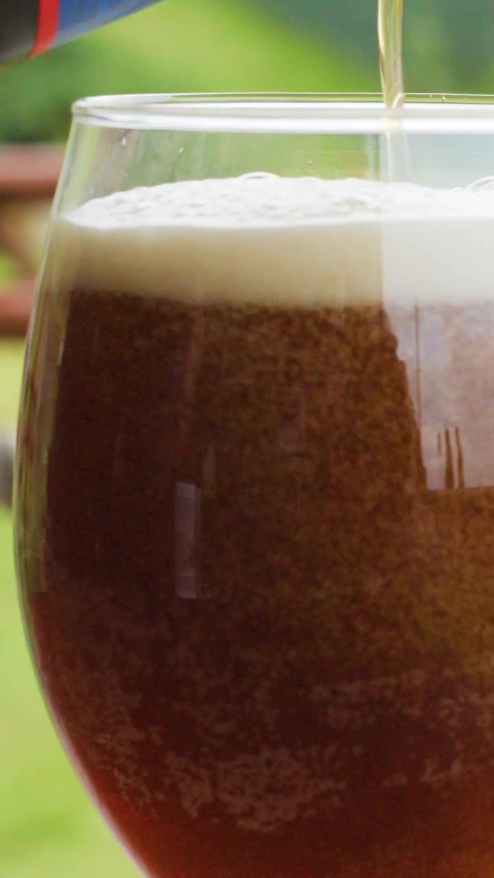 Una birra scura viene versata da una bottiglia in un bicchiere trasparente, formando una schiuma densa. Luce naturale del giorno, sfondo di un giardino esterno, prospettiva ravvicinata
