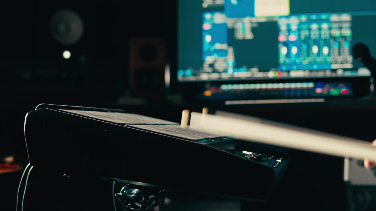 드럼 연주자는 음악 스튜디오에서 전자 드럼 키트를 연주하고, 리허설실에서 사운드 엔지니어와 함께 음악을 녹음합니다. 타악기 드럼 악기를 연주하는 수업. 록 음악 콘서트.