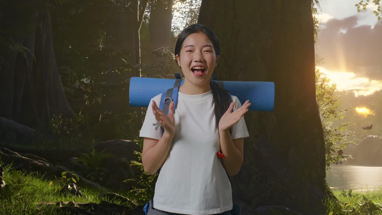 숲에서 산책하는 행복한 여자