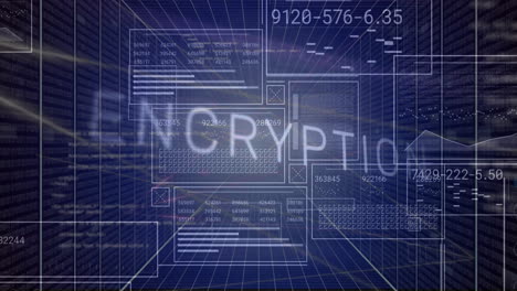 Animation of encryption text and lights over data processing on interface screens