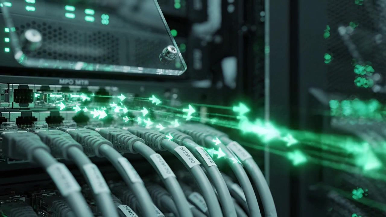 A Close-Up View of Server Rack Components with Data Transmission Highlighted by Green Arrows, Showcasing Connections and Networking in a Modern Data Center Environment.