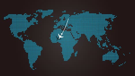 Digitale-Punktmatrix-Weltkarten-Infografik-Mit-Jet,-Der-Nordeuropa-Nach-Westafrika-Verlässt,-Grafische-Illustration