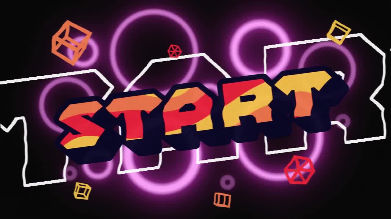 레트로 스타일의 디지털 애니메이션 시작 텍스트와 검은 바탕에 대한 추상적인 네온 모양