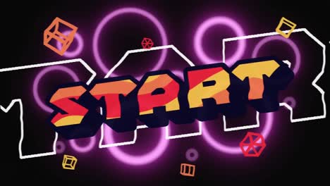 animación digital de estilo retro inicio de texto y formas de neón abstractas contra fondo negro
