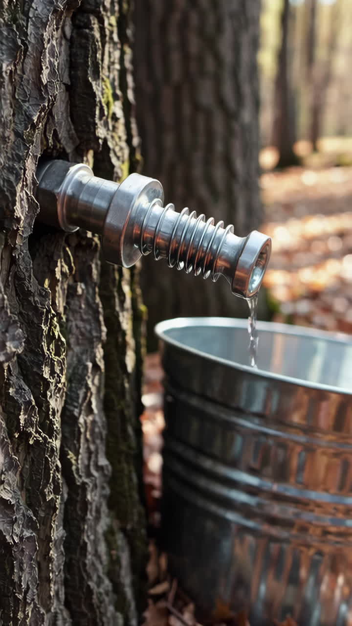Maple Sap Dripping into a Bucket from a Tapped Tree
