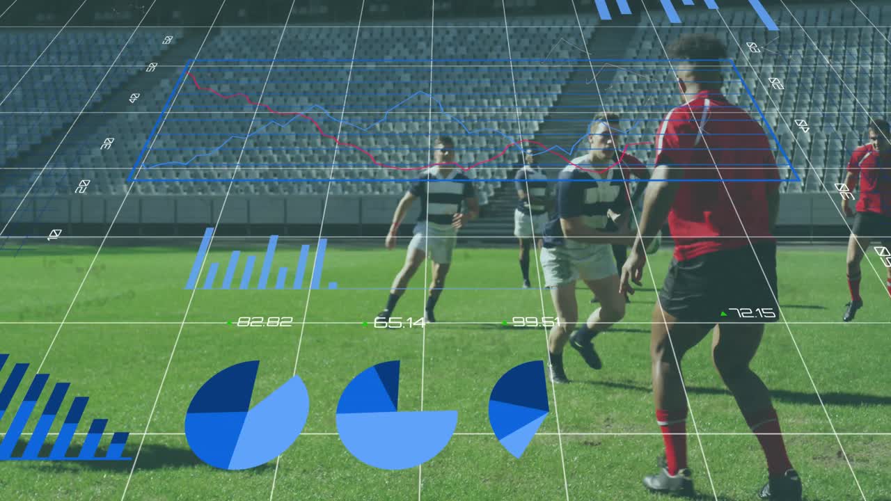 animación de gráficos con datos y estadísticas sobre dos equipos de rugby multiétnicos que juegan rugby