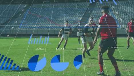 animation of graphs with data and statistics over two multi-ethnic rugby teams playing rugby