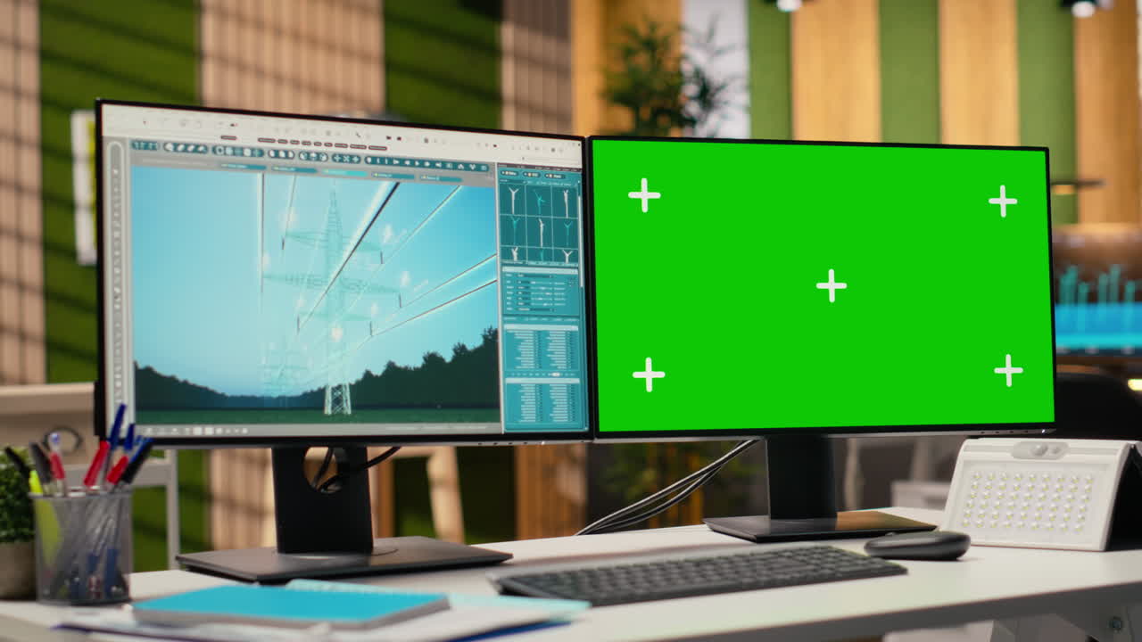 Power Line Tower Cad Design Displayed On Green Screen Pc In Engineering Office