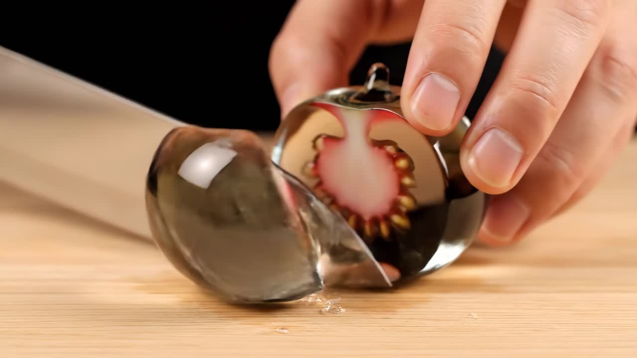 Cutting glass black tomato with a knife
