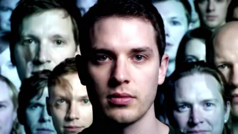 exploring individuality: a deep dive into identity amidst a sea of faces, highlighting the unique features and emotions of one person in a multitude