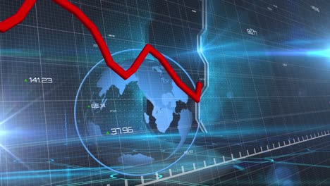 animación de la línea roja y procesamiento de datos sobre el globo y la cuadrícula