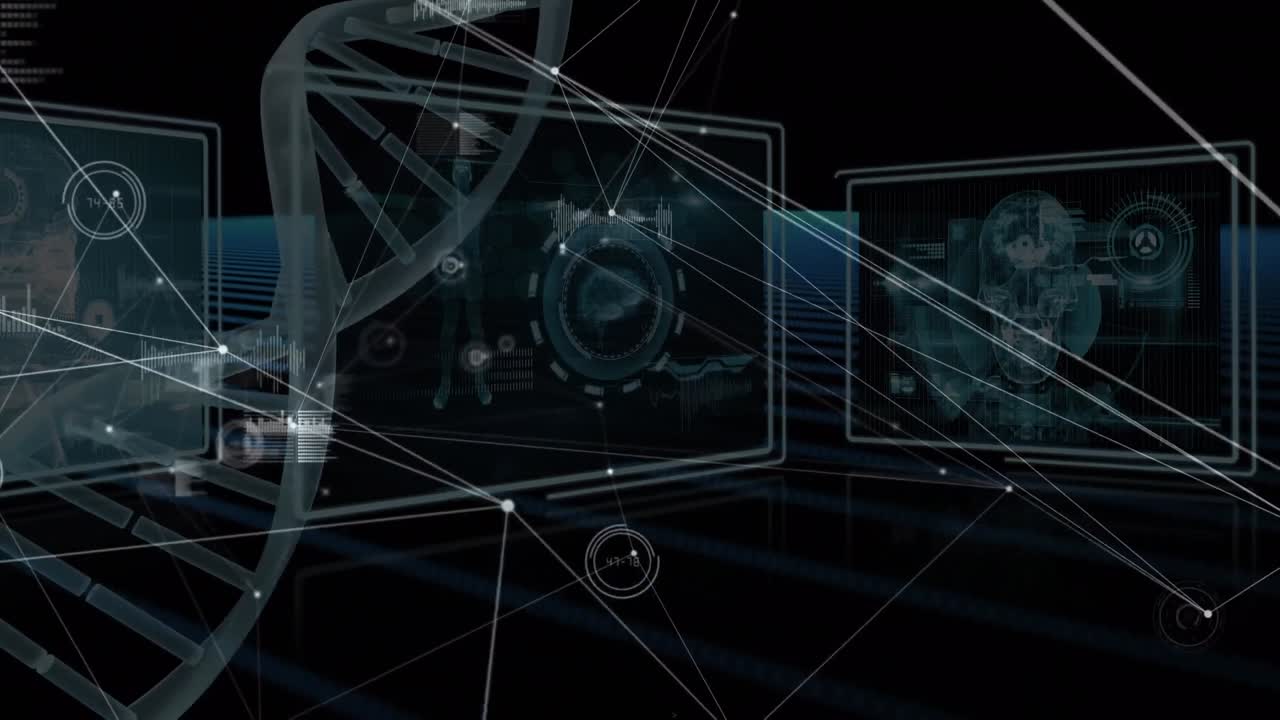 검은색 배경에 있는 dna 줄기 위의 연결 네트워크의 애니메이션과 데이터 처리