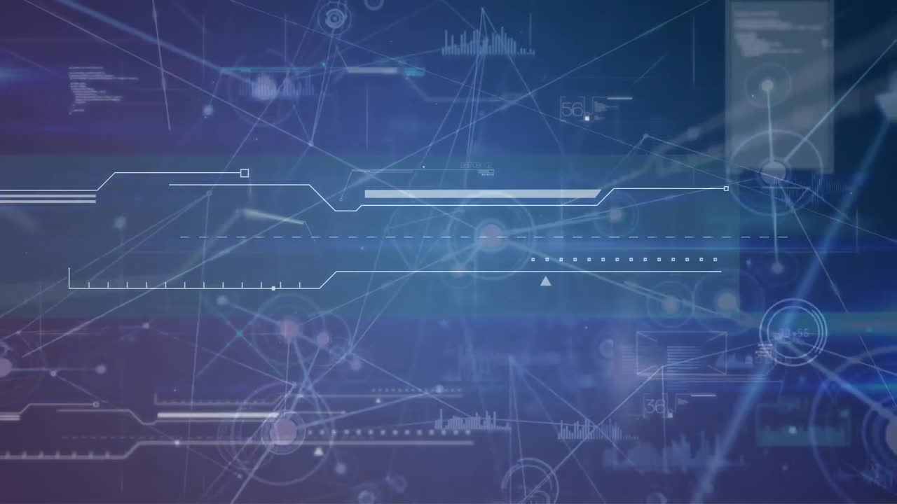 animación de la red de conexiones y procesamiento de datos sobre un fondo azul oscuro