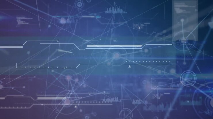 Animation of network of connections and data processing on dark blue background