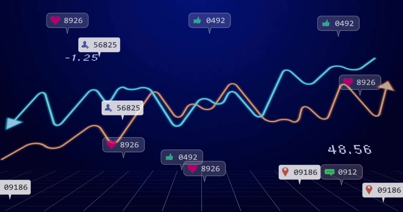 Twee trendlijnen schuiven van de zijkanten binnen op een 3D-raster, buigen en genereren badges die gegevens tonen.