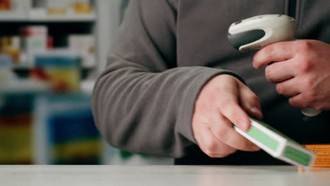 scanner scan delivery box in pharmacy drug store storage, e-commerce shop, man packing goods and clothes second hand delivery market, courier packaging and shipping workspace
