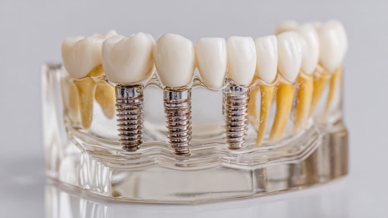 Detailed Examination of Dental Implants: A Close-Up View of Artificial Teeth Supporting Structure in a Transparent Model, Showcasing Precision and Realistic Design