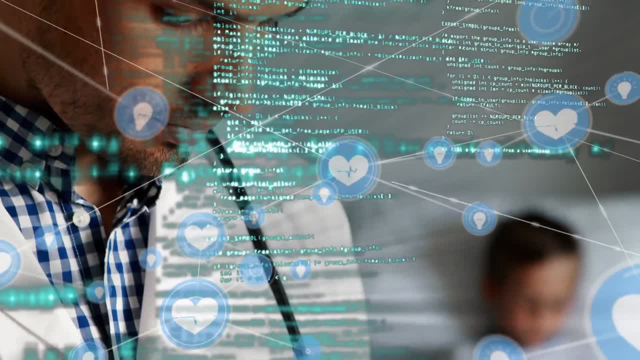 Animation of network of connections and data processing over male caucasian doctor using tablet