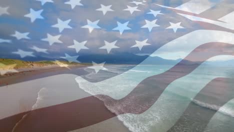 Digitale-Komposition-Der-Schwenkenden-US-Flagge-Vor-Der-Luftaufnahme-Des-Strandes-Und-Der-Meereswellen