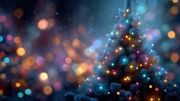 A beautifully decorated Christmas tree glows with vibrant lights in a mesmerizing winter wonderland filled with colorful bokeh, creating a magical festive atmosphere