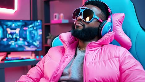een man in een roze jas en zonnebril zit voor een computermonitor