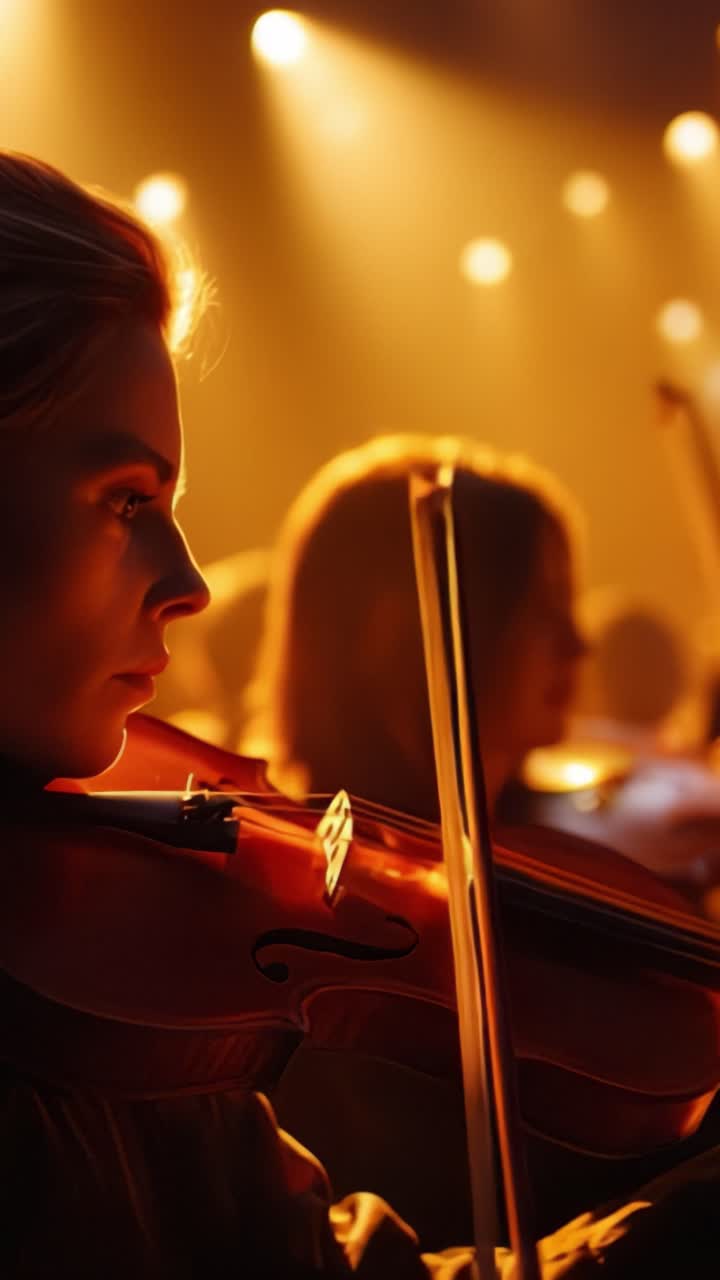 Rapiti dall'armonia: un'accattivante performance di violino illuminata da calde luci di scena, che mette in mostra la passione e l'arte di musicisti di talento sotto i riflettori