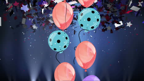 animación de globos coloridos que vuelan y caen confeti sobre un fondo azul