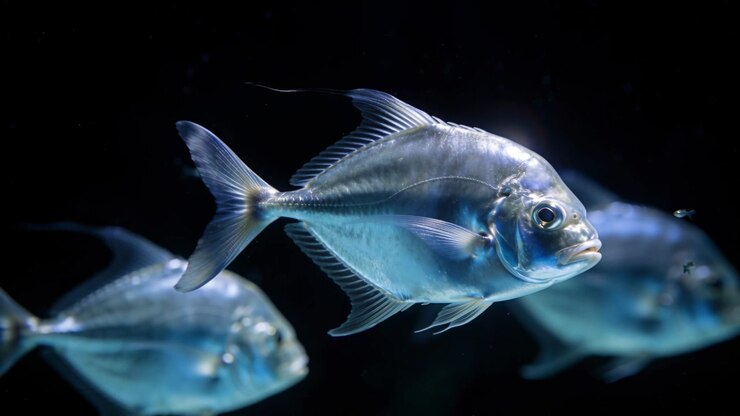 Aufnahme: Schwimmender silber-blauer Fisch bewegt sich im Aquarium nach rechts, randbeleuchtete Schuppen, verschwommener Fisch, Partikel.