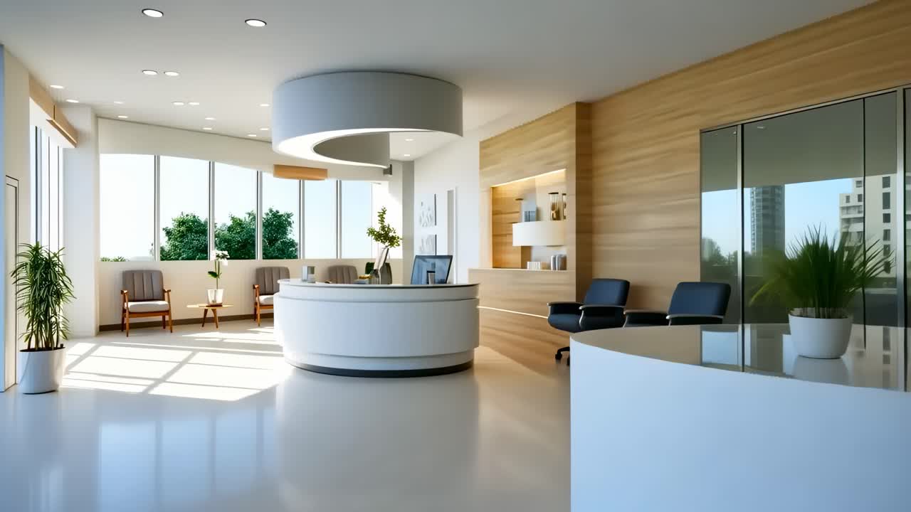 Wide-angle shot of a modern, minimalist reception area with natural light, sleek furniture, and wood