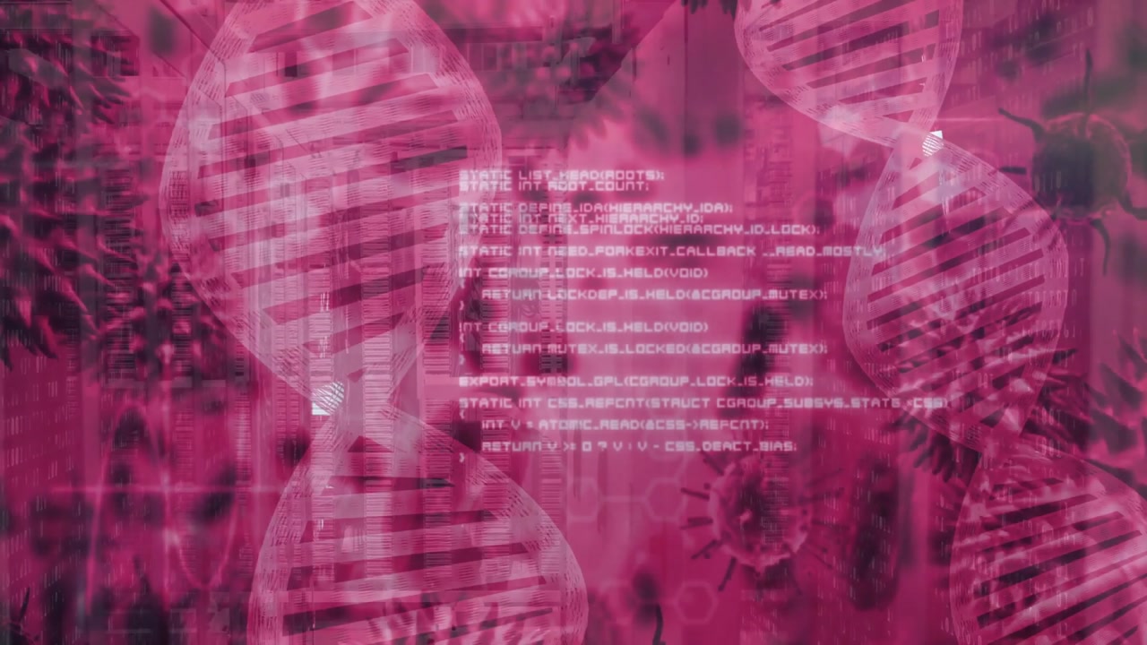 Overlay opening with code emerging, helices receding, virus particles representing viral analysis