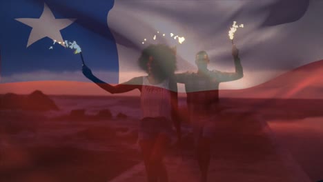 animation of waving of chile flag over group of friends on the beach