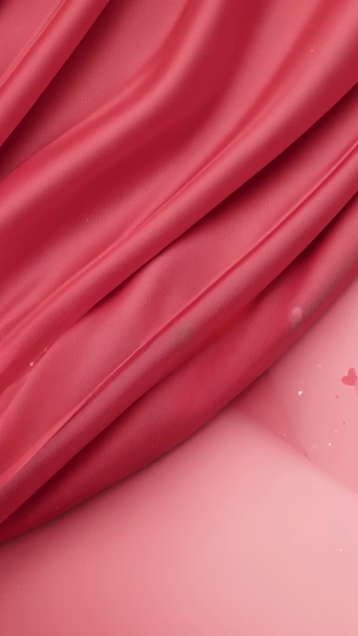 Vertical video: Sliding pink silk drape moving over pale pink set, frames shifting, hearts glinting