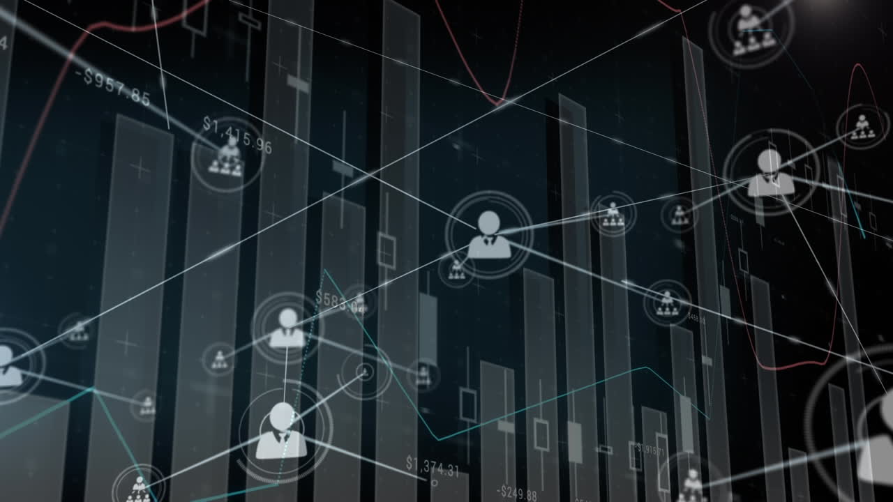 Animation of network of connections with people icons and financial data processing
