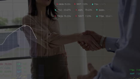 stock market data processing against businessman and businesswoman shaking hands at office