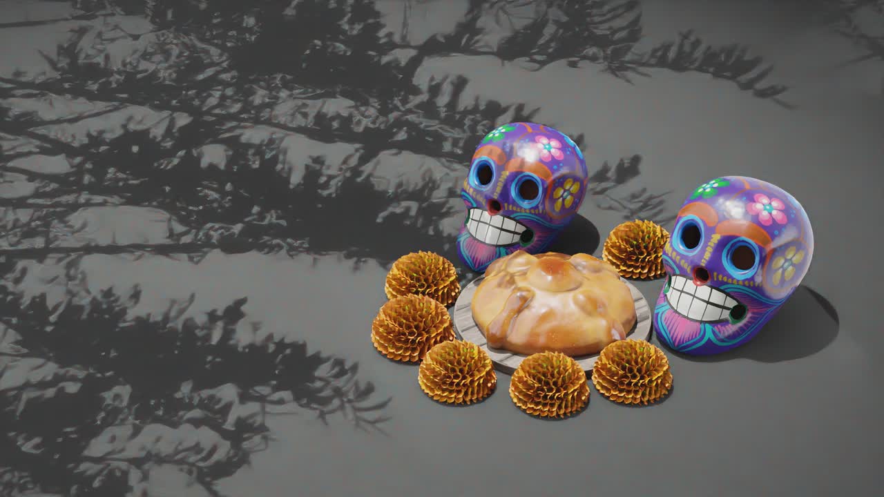 день мертвых фестиваль, dia de muertos, макет дизайна, мексика, черепа, традиционные цветы и кондитерские изделия, серый фон